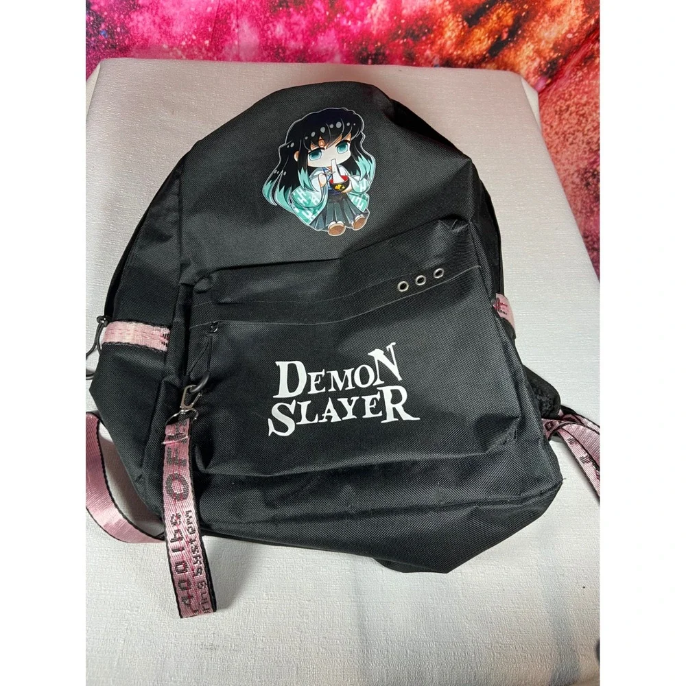 Demon Slayer Anime Backpack Black Pink Muichiro Tokito Laptop Bag Streetwear